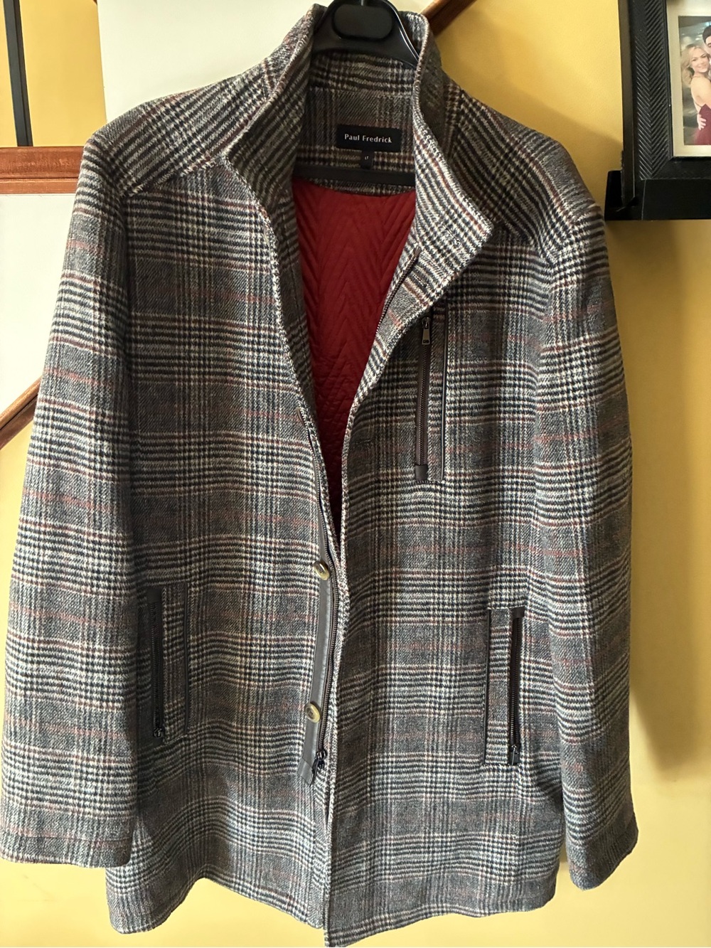 Paul Fredrick Men’s Gray Plaid Coat with Red Quilted Lining